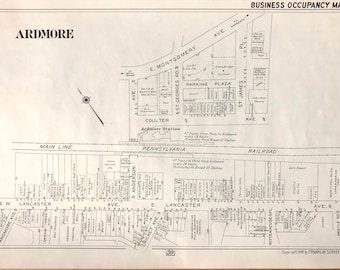Antique Ardmore Map, 1946 Franklin Survey Co. Montgomery County, Main Line, Lancaster Avenue, E. Montgomery Avenue, Haverford Township