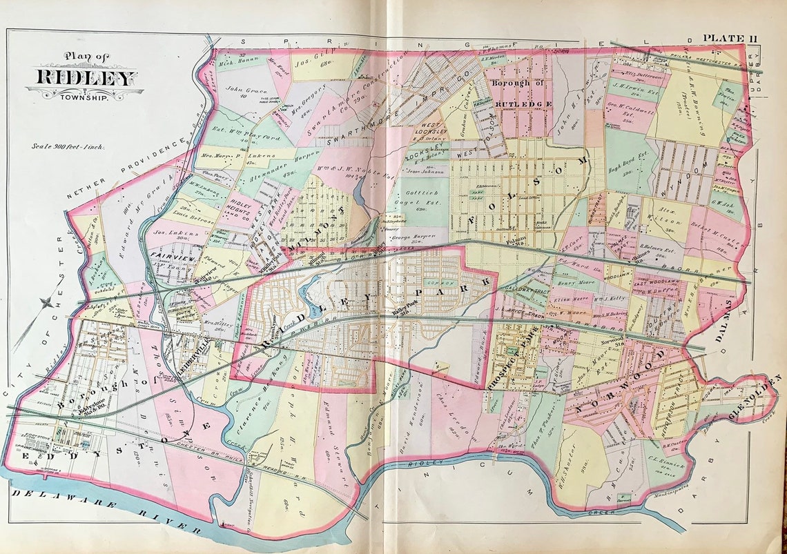 1892 Ridley Township Map Original Hand Colored Map Delaware Etsy