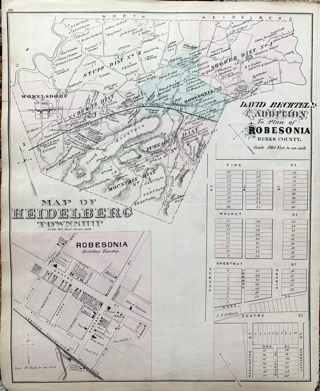 Heidelberg Township Map, Original 1876 Berks County Pennsylvania Atlas