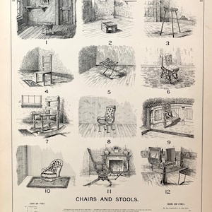 Chairs and stools print, Original 1892 Industrial Art lithograph, Beds, Murphy bed