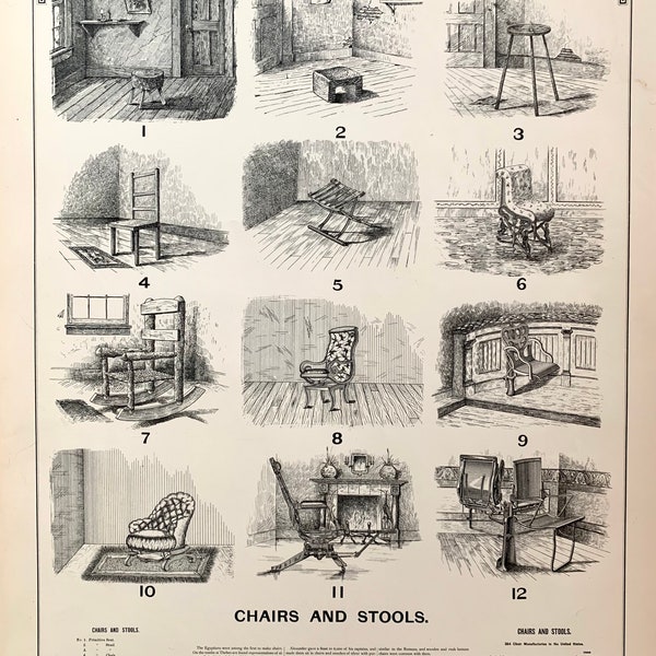 Chairs and stools print, Original 1892 Industrial Art lithograph, Beds, Murphy bed