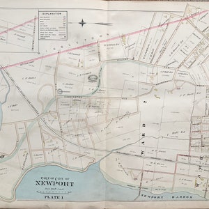 Newport map, Original 1893 Rhode Island Atlas, Naval Station Newport, Miantonomi park, Gilded Age