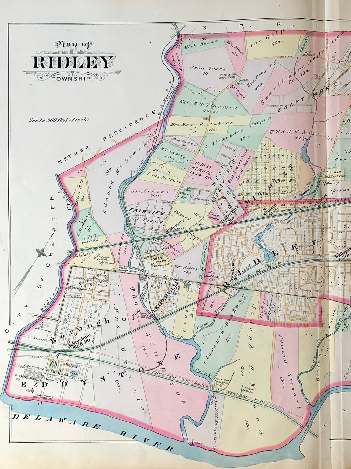 1892 Ridley Township Map Original Hand Colored Map Delaware Etsy