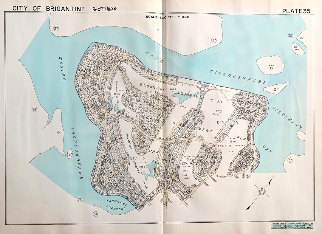 Brigantine Island Map, Original 1938 Absecon Island Atlas, Pirates Den