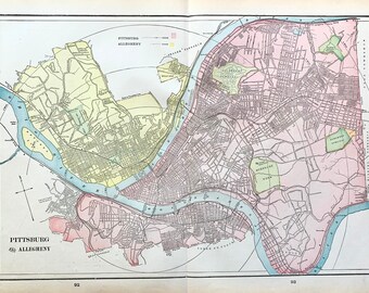 Antique Pittsburgh Map, Original 1900 Rand McNally map, Allegheny map,