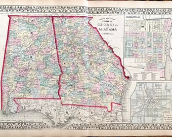 Georgia and Alabama map, Original 1874 Mitchells Atlas, Savannah, Atlanta