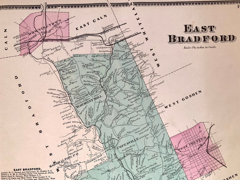 East Bradford Map, Original 1873 Chester County Atlas, West Chester