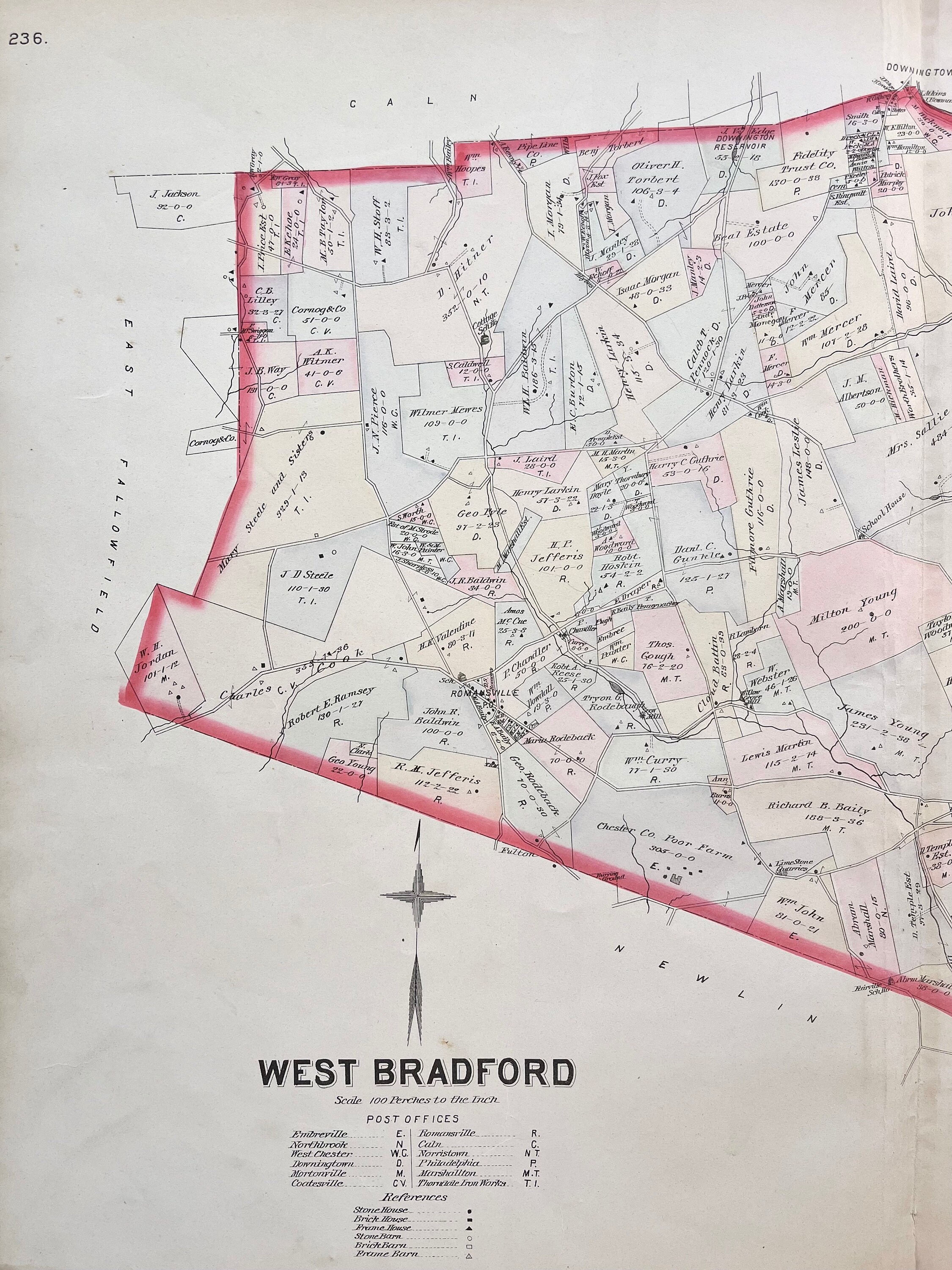 West Bradford Township Map, Original 1883 Chester County Pennsylvania Farm Atlas, Marshallton
