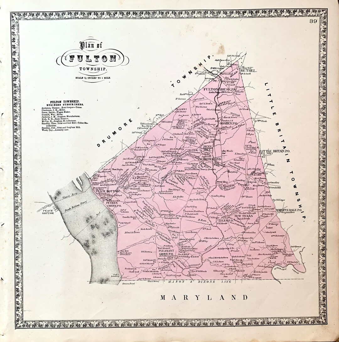 Fulton Township Map, Original 1864 Lancaster County Atlas, Peach Bottom