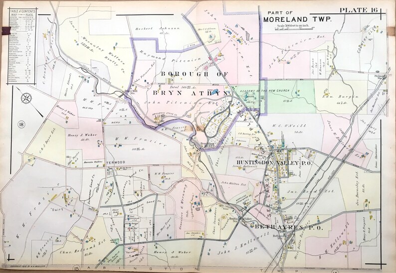 Original 1916 Moreland Township Atlas map from the North Penn Etsy