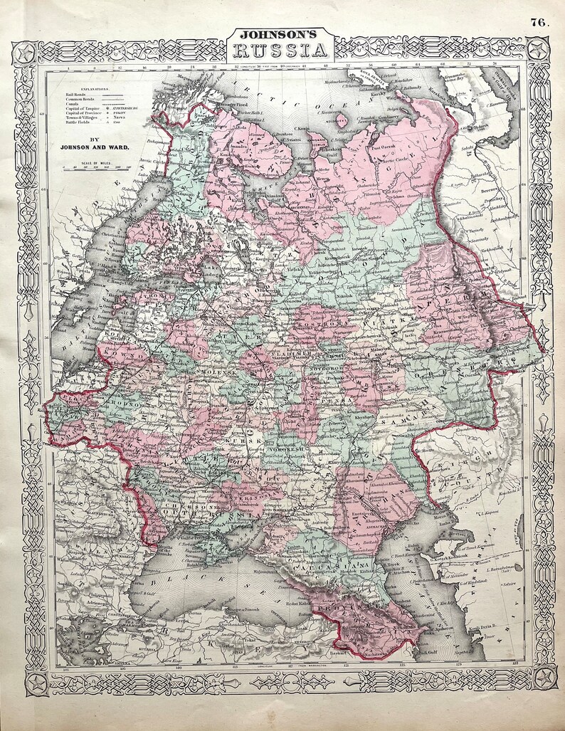 Antique Russia Map, Original 1868 Johnson and Ward Atlas, Moscow, image 1