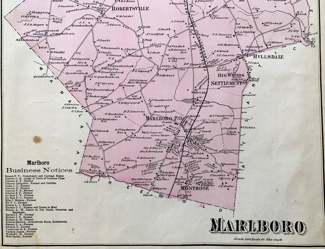 Marlboro New Jersey Map original 1873 Monmouth County Atlas Etsy
