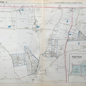 May include: A black and white map of East Goshen and Willistown Townships in Pennsylvania. The map shows roads, property lines, and the names of residents. The map is titled "Main Line, Vol. 2" and is dated 1915.