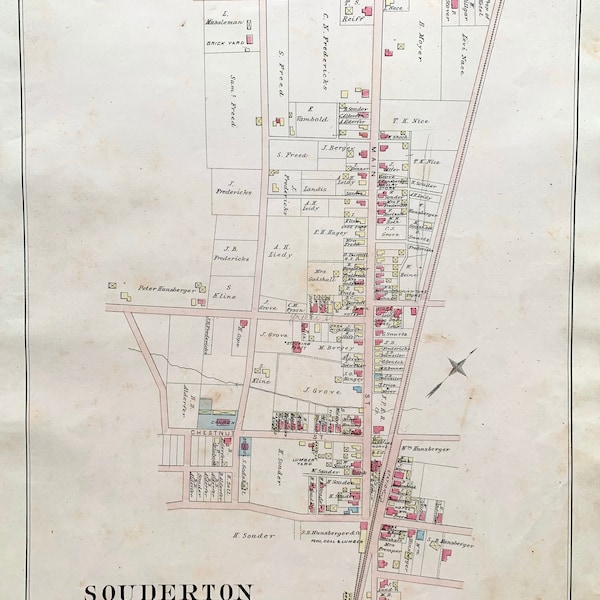Antique Souderton map, Original 1886 North Pennsylvania Railroad atlas, Montgomery County, Souderton Borough