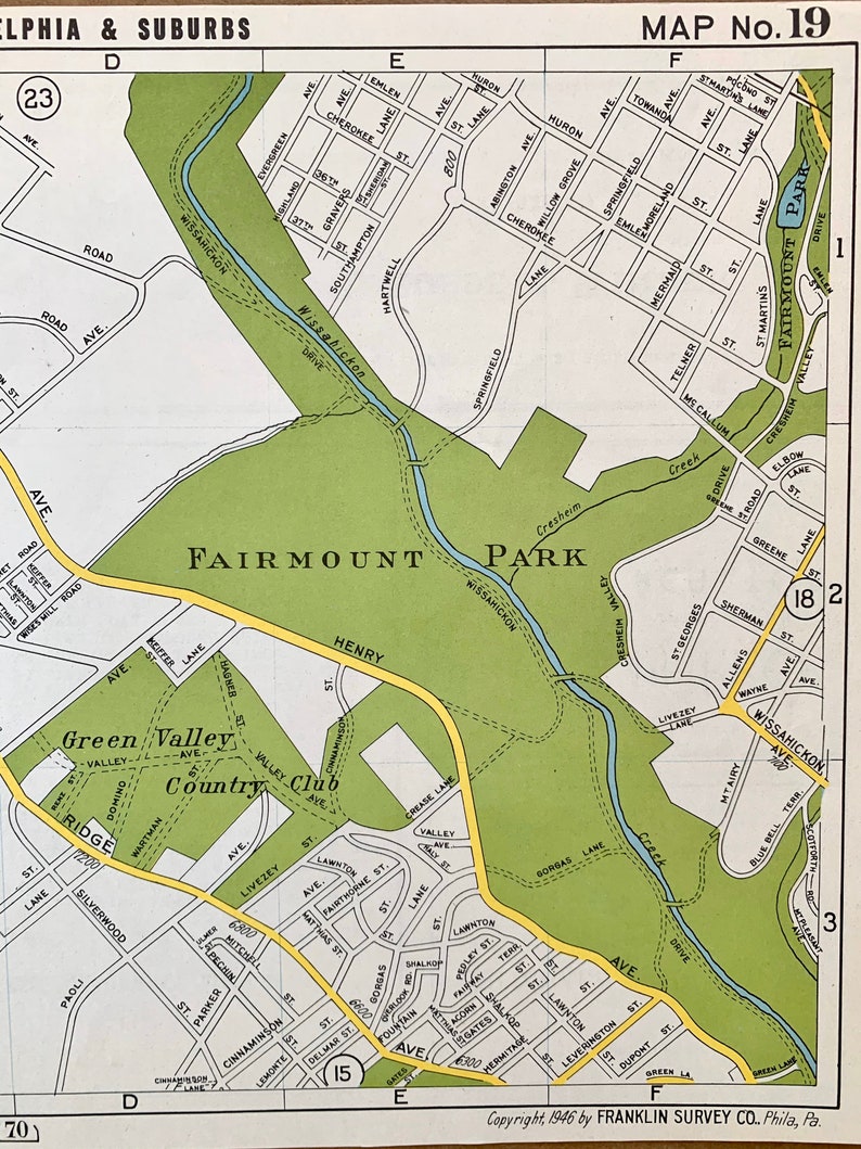 Roxborough map, Original 1946 Franklins Philadelphia Atlas, Fairmount Park, Chestnut Hill, Valley Green Inn image 2
