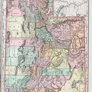 Utah map, Original 1895 Rand McNally Atlas, Salt Lake City, Wasatch