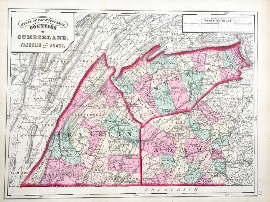 Cumberland, Franklin and Adams Counties, Gettysburg, Original 1872 Pennsylvania Atlas, Hand