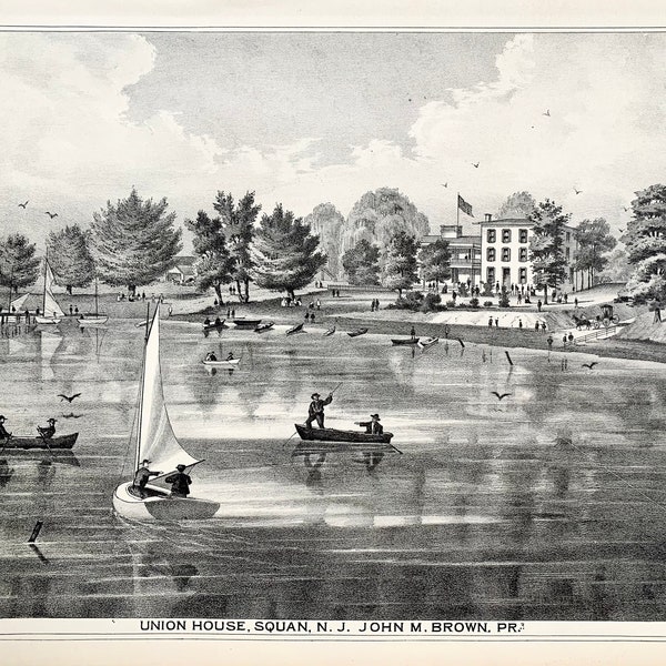 Manasquan print, Original 1878 New Jersey Coast Atlas, Union House, Stockton Lake, The Glimmerglass