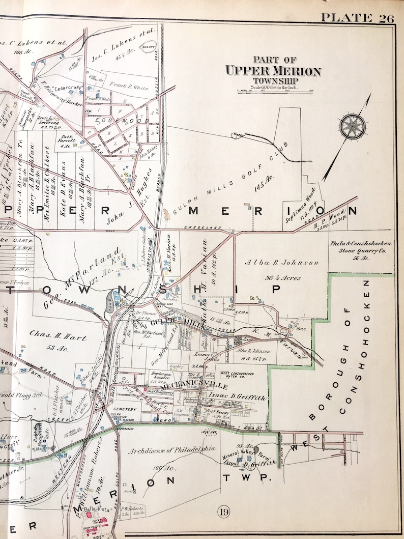 Upper Merion Township Map, Original 1926 Main Line Atlas, Gulph Mills ...