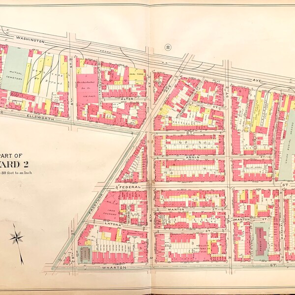 South Philadelphia atlas map, Original 1905 City of Philadelphia atlas, Italian Market, Hand colored antique map