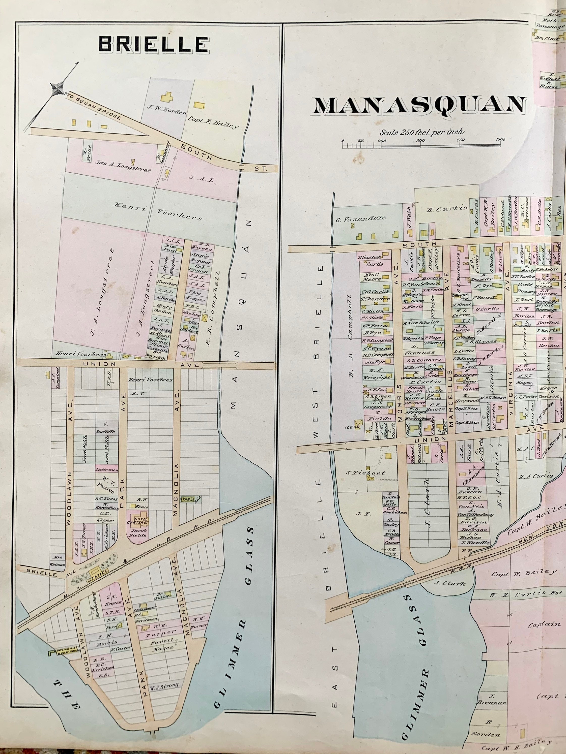 Manasquan Map, Original 1889 Monmouth County Atlas, Brielle, the