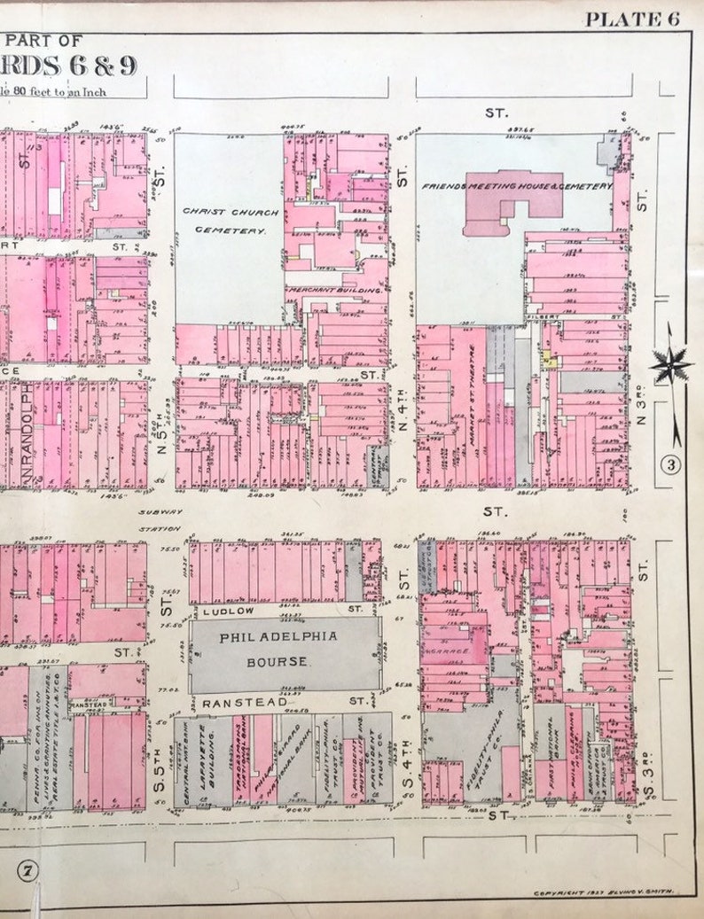 Hand colored Christ Church Original 1927 City of Philadelphia Atlas Map Old City Map