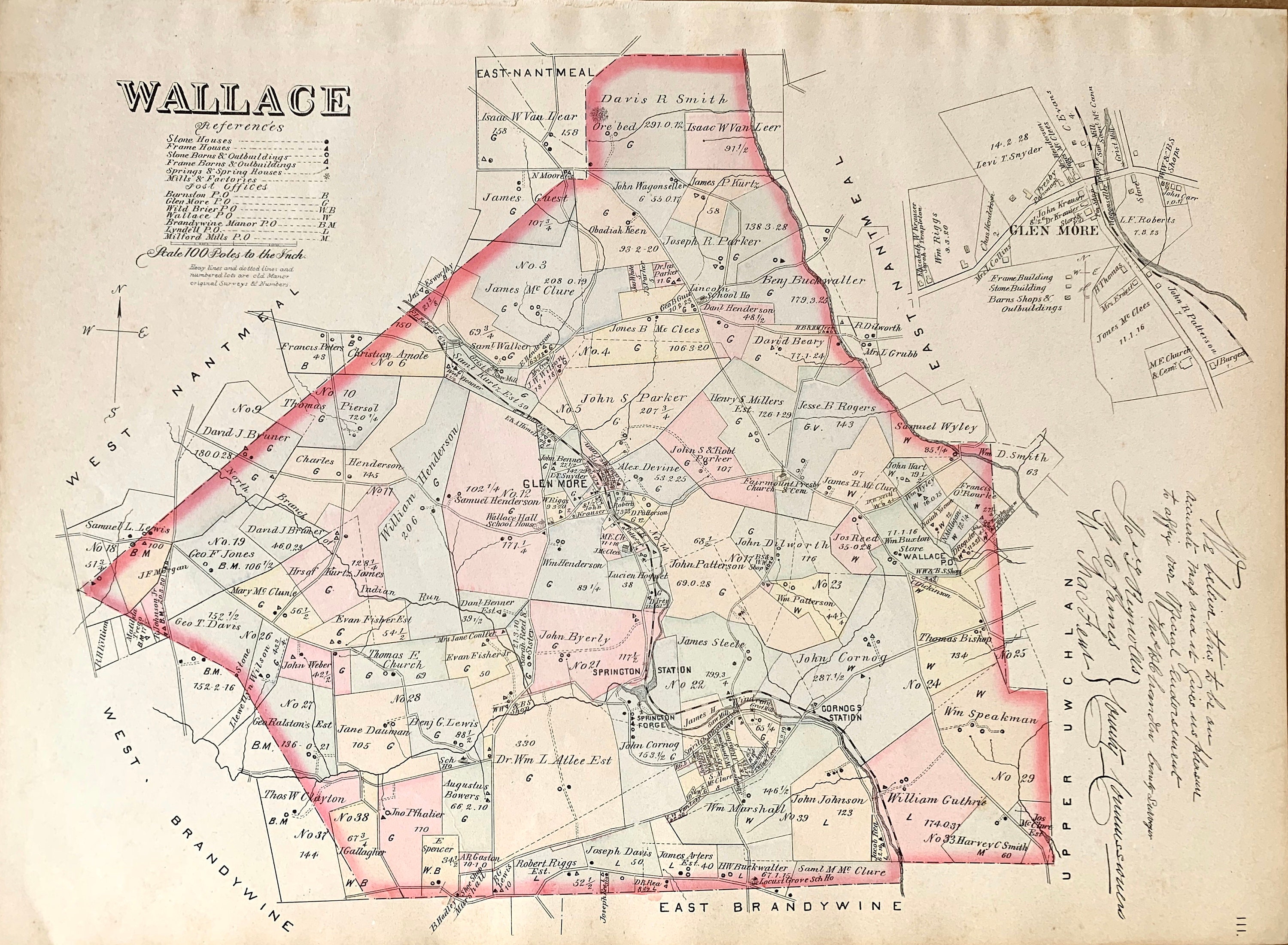 Buy Wallace Township Map, Original 1883 Chester County Pennsylvania Farm Atlas, Glenmore