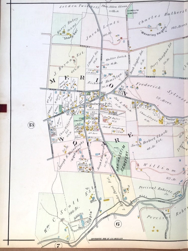 Merion Square Map, Original 1908 Main Line Atlas, Gladwyne, Lower ...