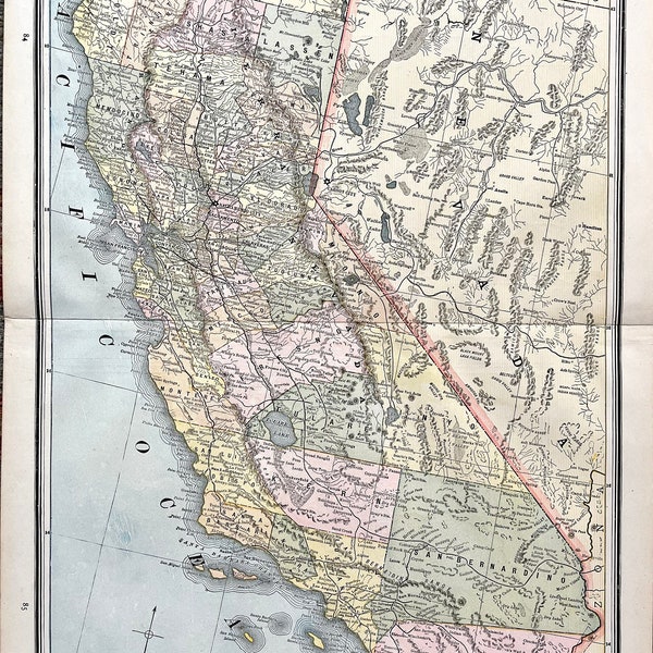 California Map, Original 1895 Crams Atlas, The Golden State, San Francisco, Los Angeles