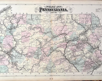 Pennsylvania Railroad map, Original 1872 Railroad Map of Pennsylvania,  Hand Colored, PRR, Railways of Pennsylvania