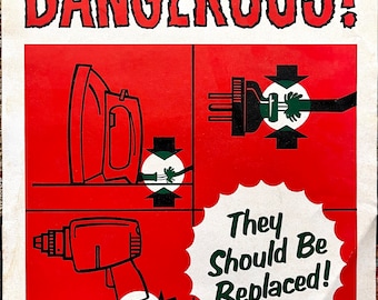 Safety poster, Vintage National safety council, Dangerous, Defective Cords, Danger