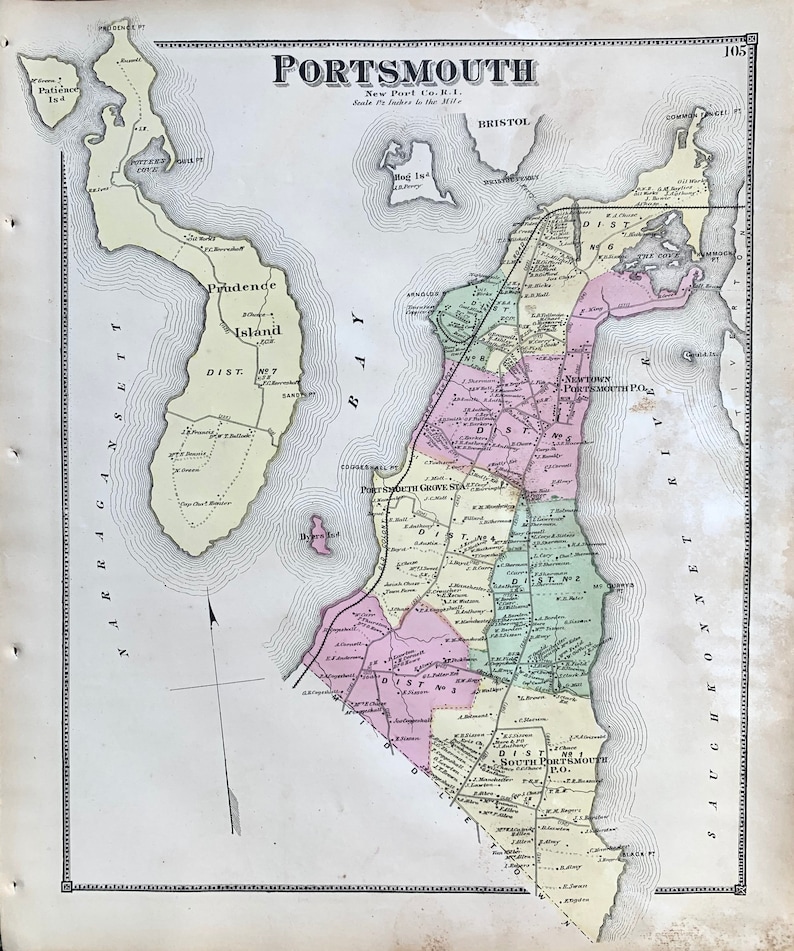 Portsmouth Map Original 1870 State of Rhode Island Atlas Etsy
