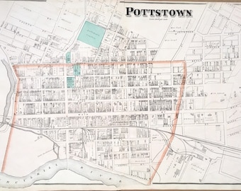 Pottstown Map, Original 1877 hand colored, Montgomery County Pennsylvania Atlas, Pottsgrove