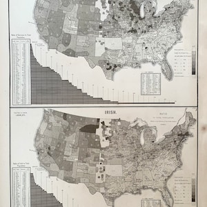 Irish Population chart, Original 1883 Scribners atlas, 1880 United States Census, German Population map