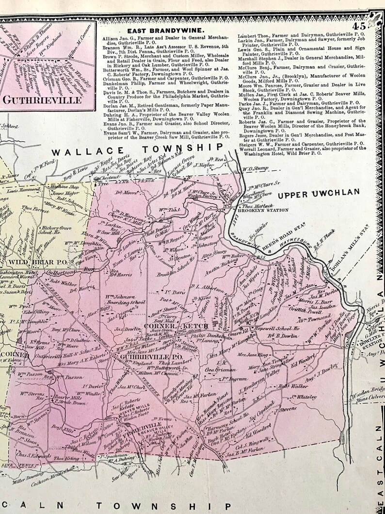 East Brandywine Township Map, Original 1873 Chester County Atlas, West