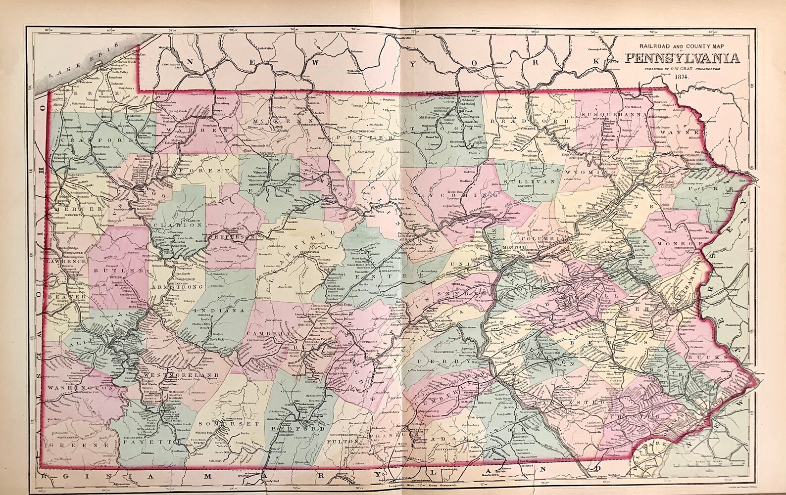 Pennsylvania Railroad Map Original 1874 State of Pennsylvania Etsy