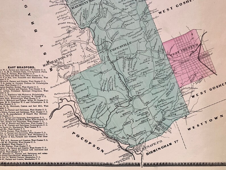 East Bradford Map, Original 1873 Chester County Atlas, West Chester