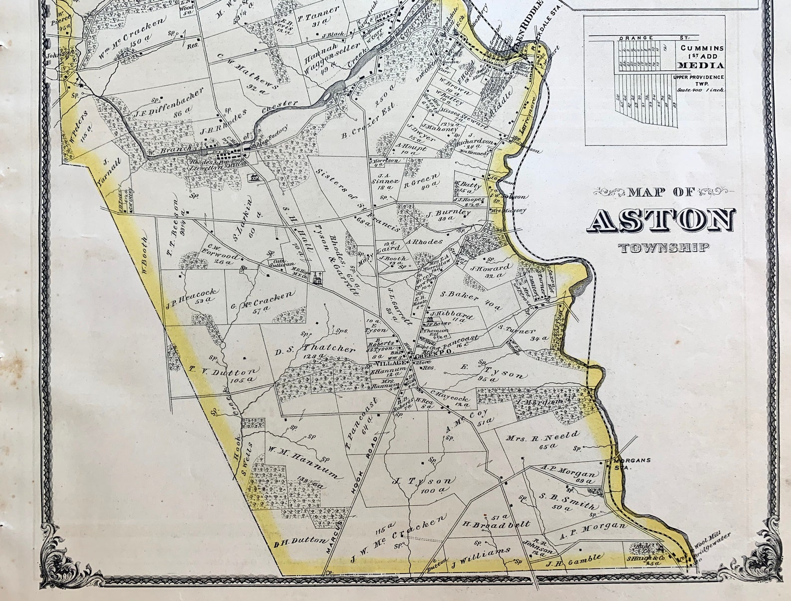 Aston Township Map Original 1875 Delaware County Pennsylvania Etsy