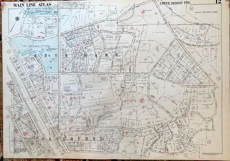 Bryn Mawr Map, Original 1947main Line Atlas Map, Lower Merion Township