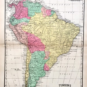 South America map, Original 1888 Antique map, Tunisons atlas