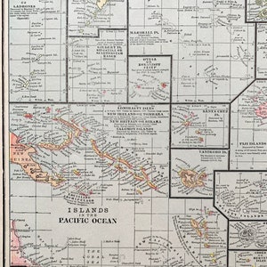 Pacific Ocean Islands map, Original 1895 Crams Atlas, Hawaii, Fiji, Galapagos