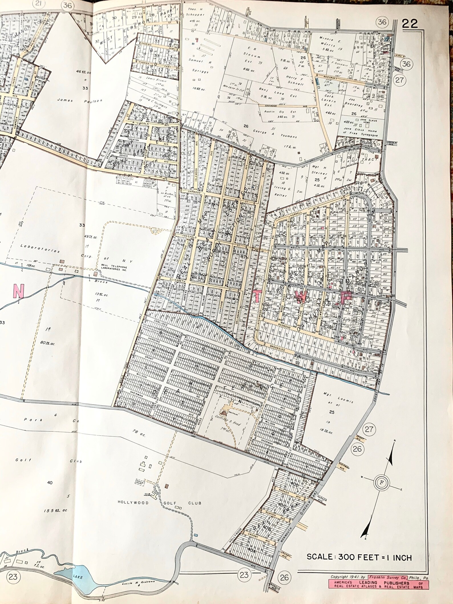 Ocean Township Map, Original 1941 Monmouth County, New Jersey Atlas Map, Deal Beach, Oakhurst