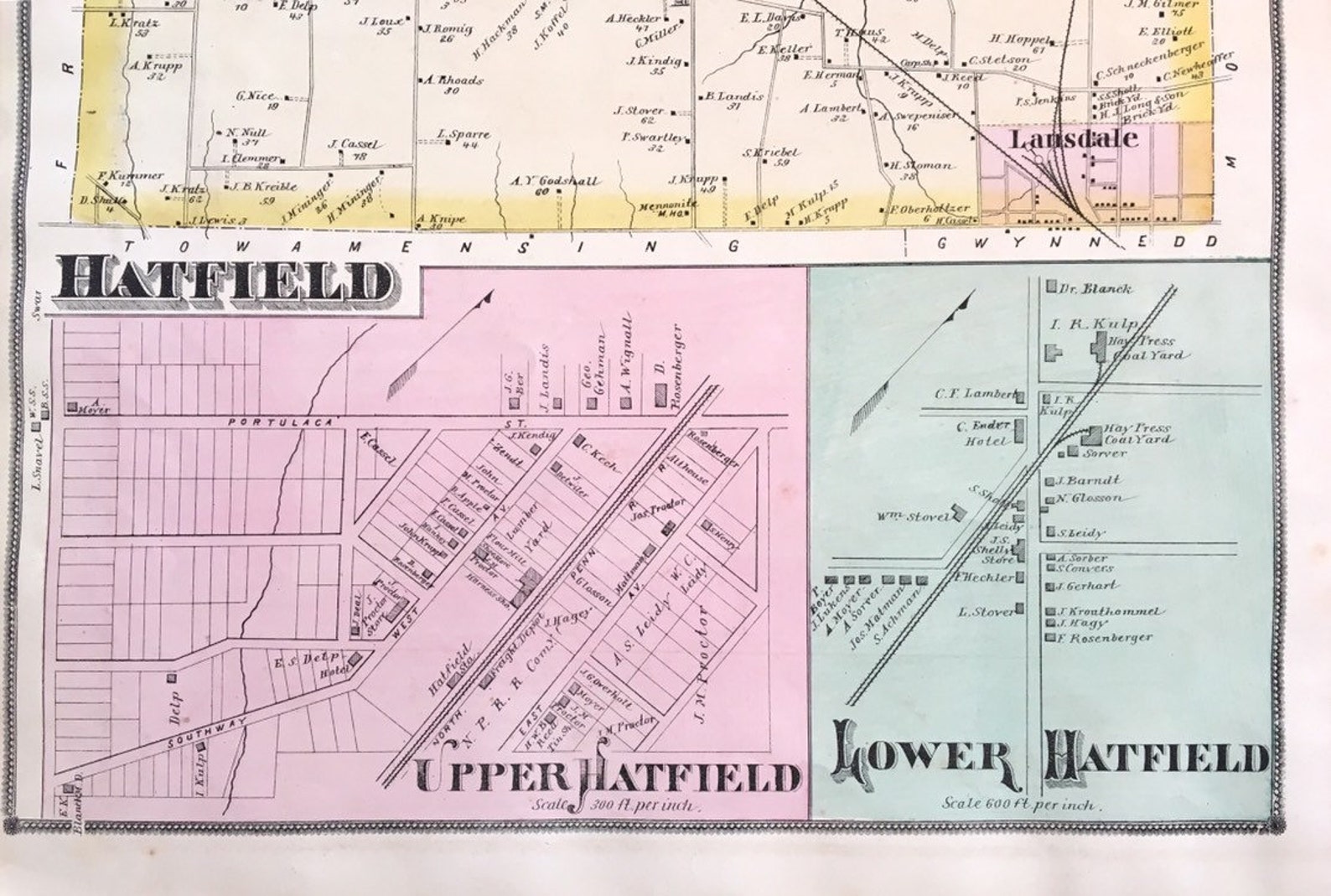 1877 Hatfield Township Montgomery County Pennsylvania Atlas Map Upper
