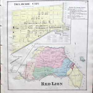 May include: Antique map of Delaware City and Red Lion, featuring detailed street layouts and district boundaries. The map includes text such as "DELAWARE CITY" and "RED LION", with a scale of 52 inches to the inch. The map is colored in shades of yellow, pink, and green.
