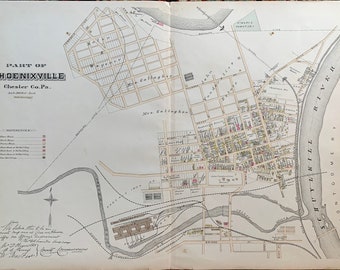 Phoenixville Borough map, Original 1883 Chester County Pennsylvania Farm atlas, Hand Colored, St Marys Cemetery