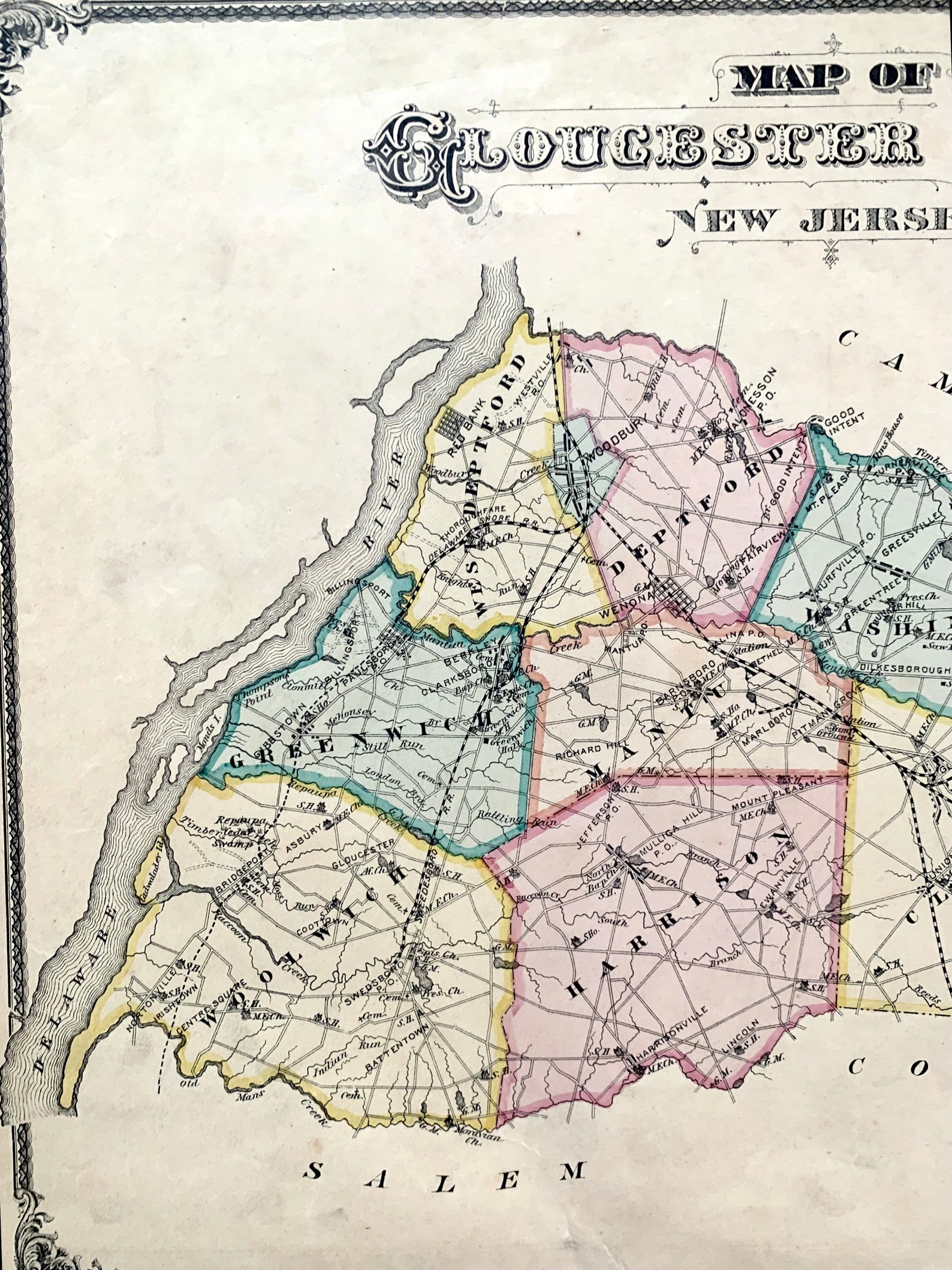 Gloucester County Map, Original 1876 New Jersey Atlas, Deptford