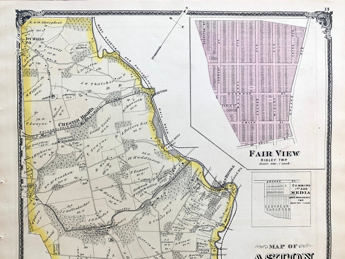 Aston Township Map Original 1875 Delaware County Pennsylvania Etsy