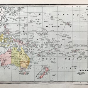 Oceanica Map, South Pacific Ocean, Original 1895 Crams atlas, Australia, Polynesia