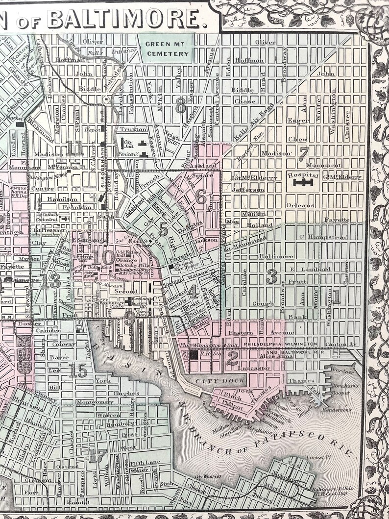 Plan of Baltimore Map, Original 1874 Mitchells Atlas, Baltimore ...