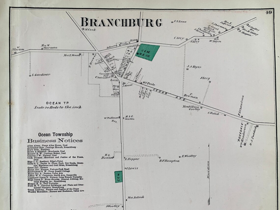 Branchburg Map, Original 1873 Monmouth County, New Jersey Atlas, Deal